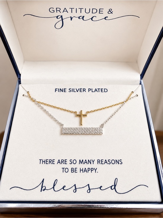 Macy's Jewelry - Gratitude & Grace Layered Cross & Crystal Bar Necklace Two Tone Fine SilverPlate